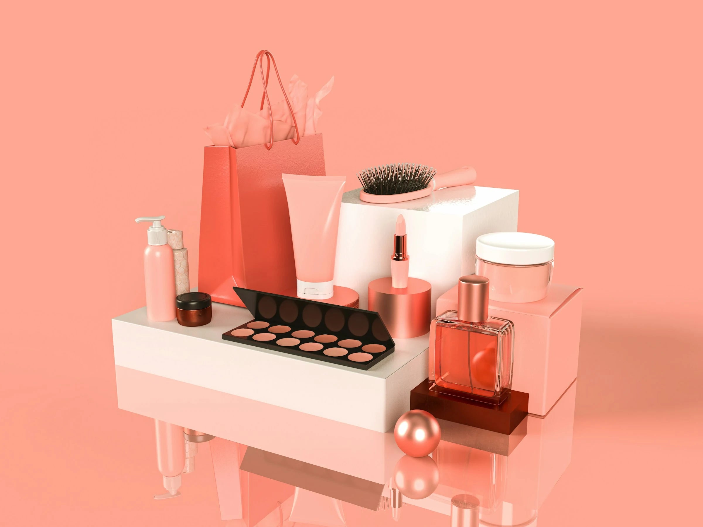 Beauty products and shopping bags on a coral set